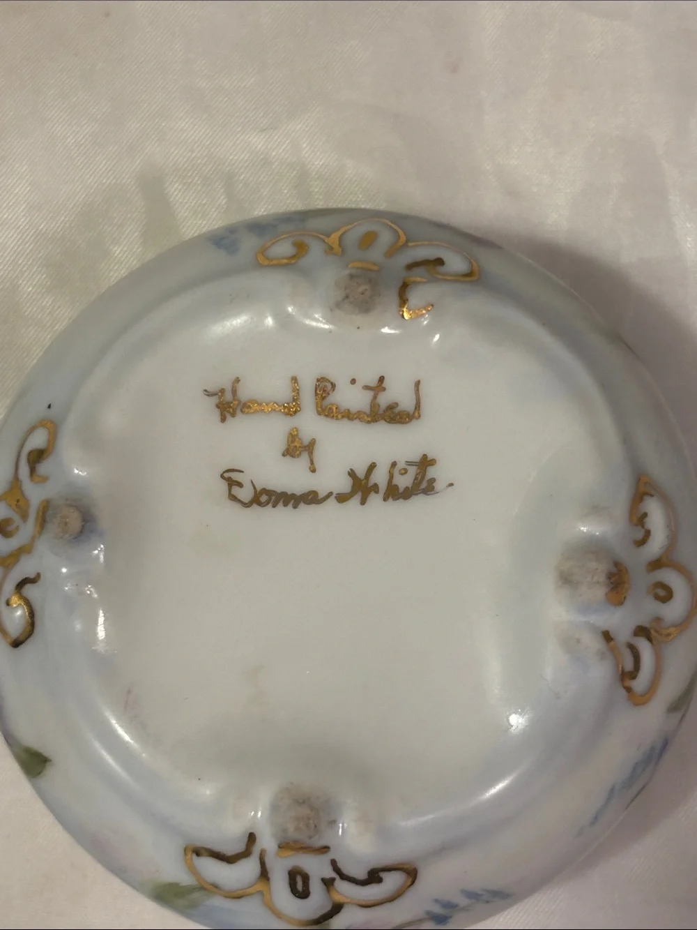 Porcelain Trinket Box with Hand-Painted Blue Floral and Gold Scrolls